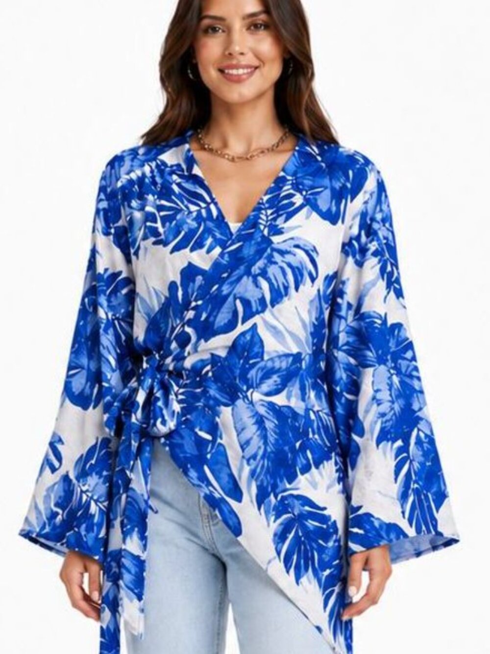 New GIGIO L 10 12 Blue White Tropical Leaves Collared Wrap Long Tunic Top Cruise